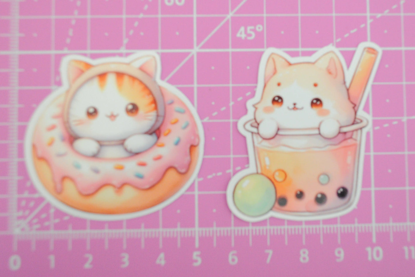 Stickers - Chibi Katzen verkleidet als Essen - Set 8 - Donut und Boba Tee