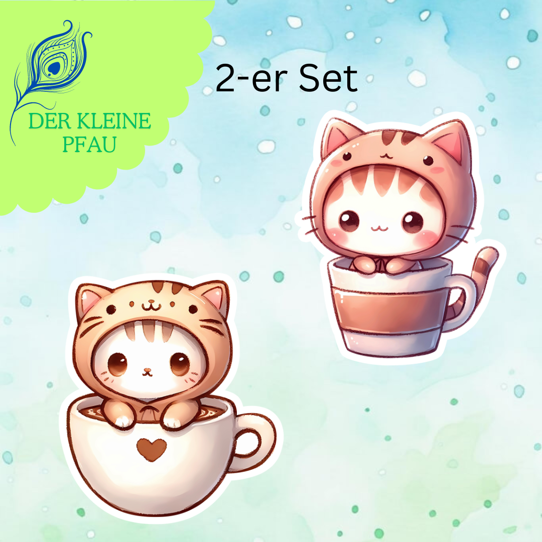 Stickers - Chibi Katzen verkleidet als Essen - Set 10 - Kaffee und Tee