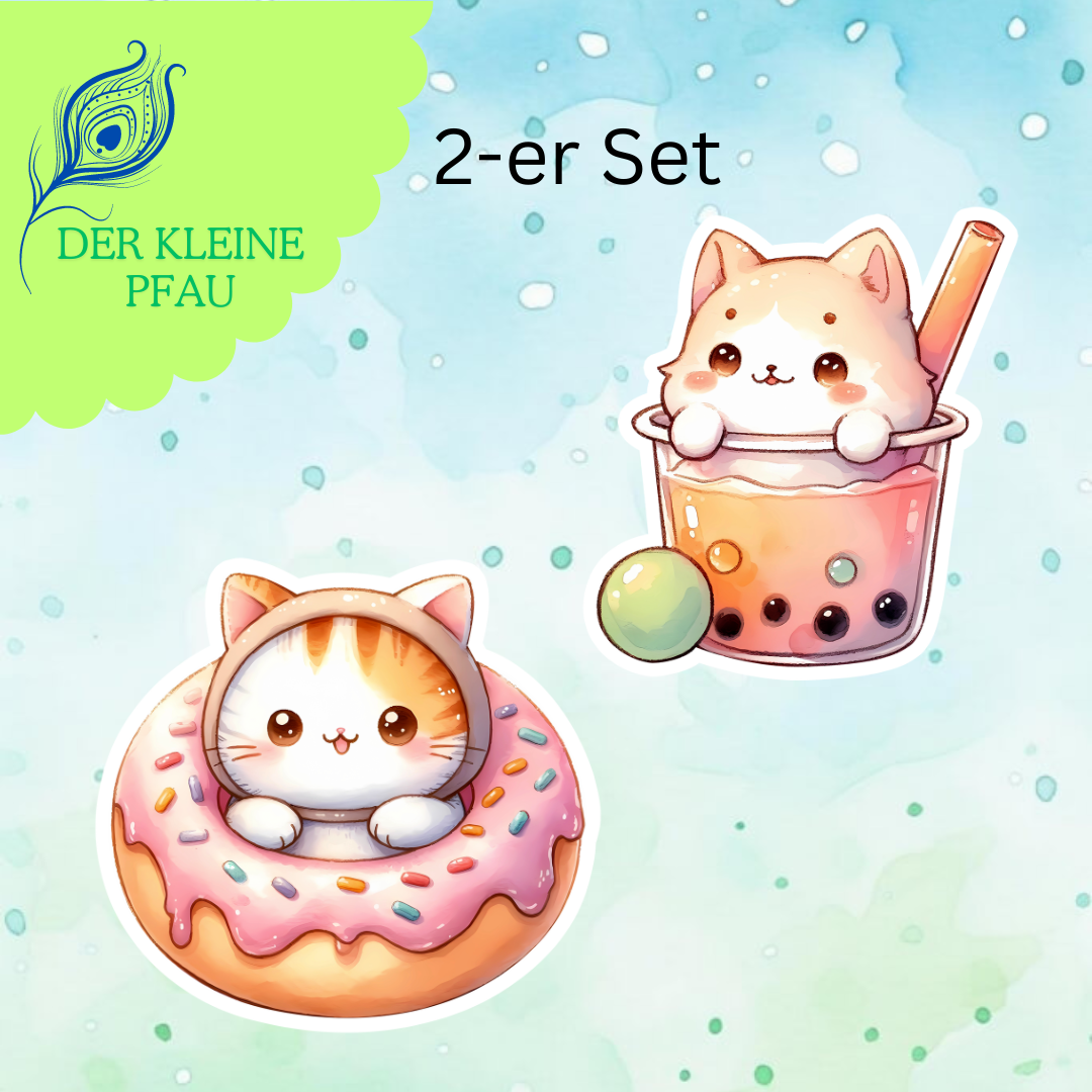 Stickers - Chibi Katzen verkleidet als Essen - Set 8 - Donut und Boba Tee