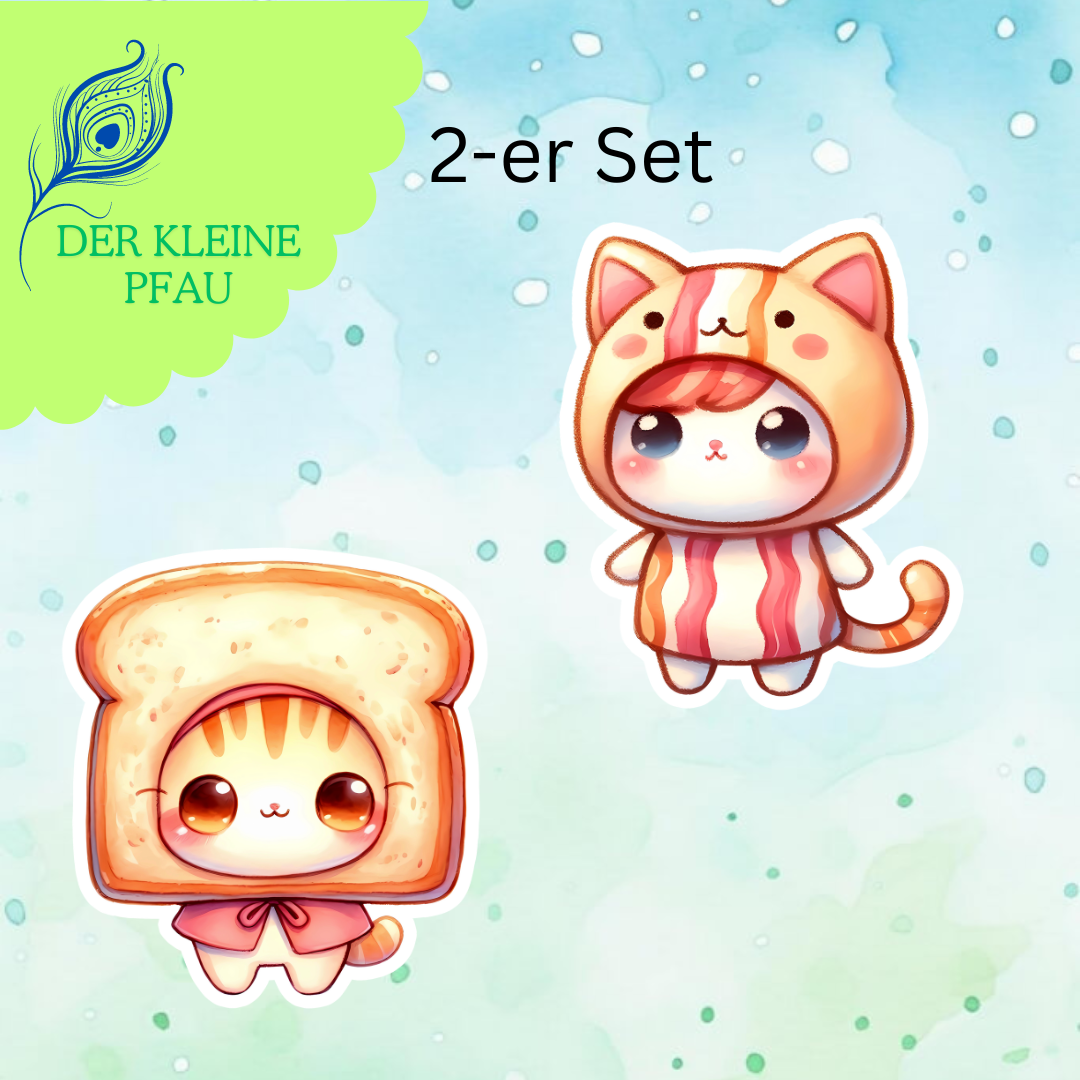 Stickers - Chibi Katzen verkleidet als Essen - Set 9 - Toast und Speck