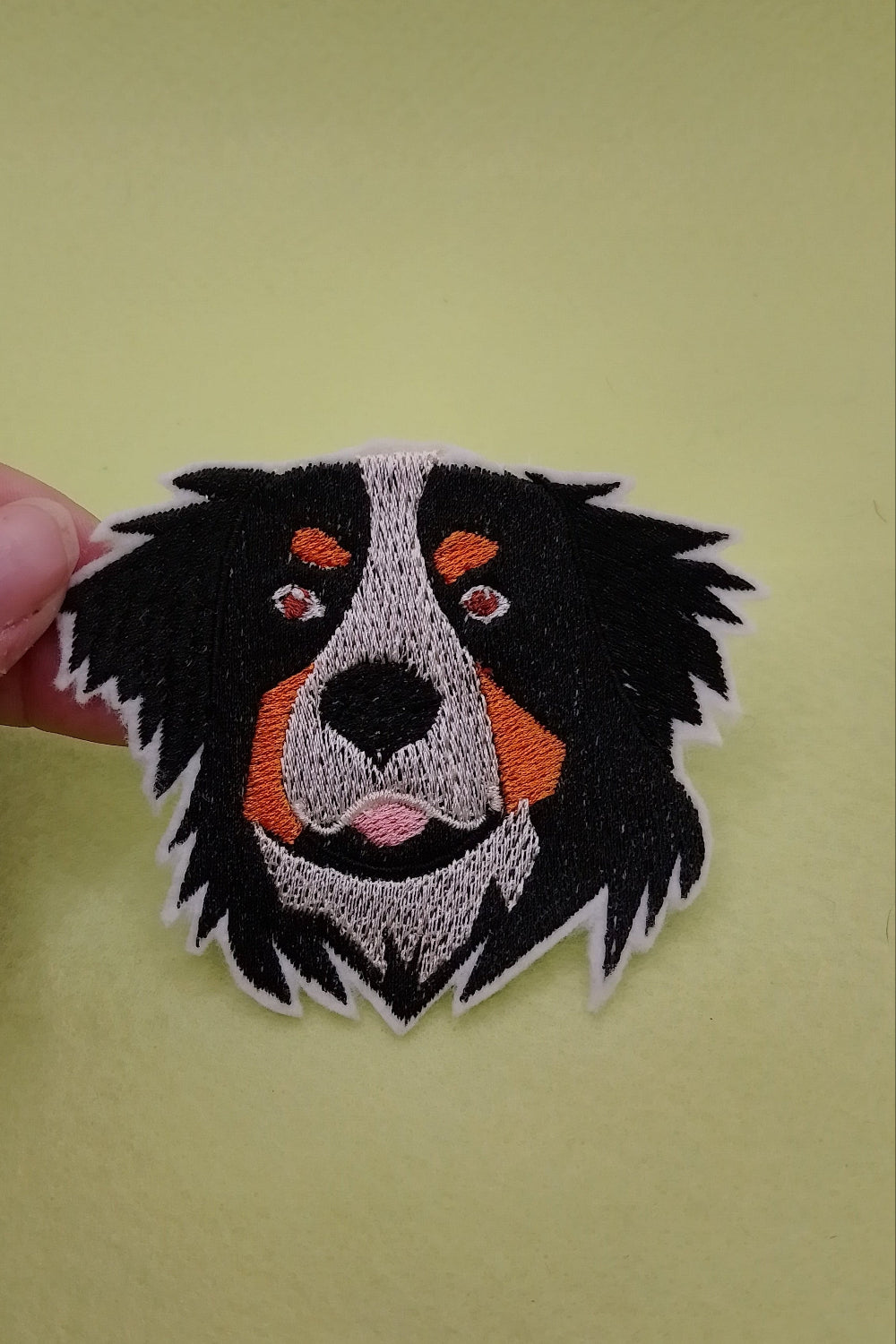 Ein Aufnäher in Hundekopf Form, Rasse Berner Senner
