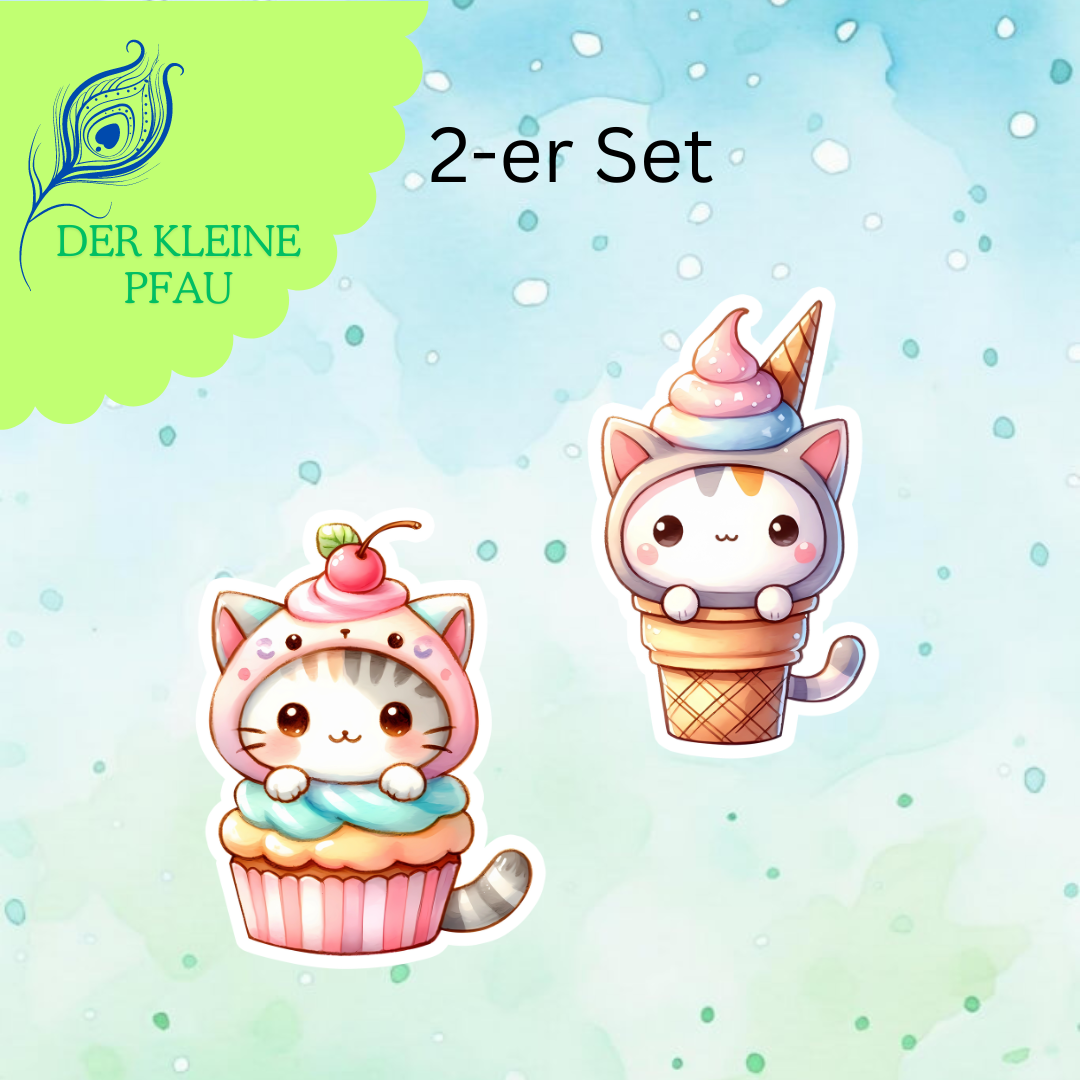 Stickers - Chibi Katzen verkleidet als Essen - Set 1 - Cupcake und Eis