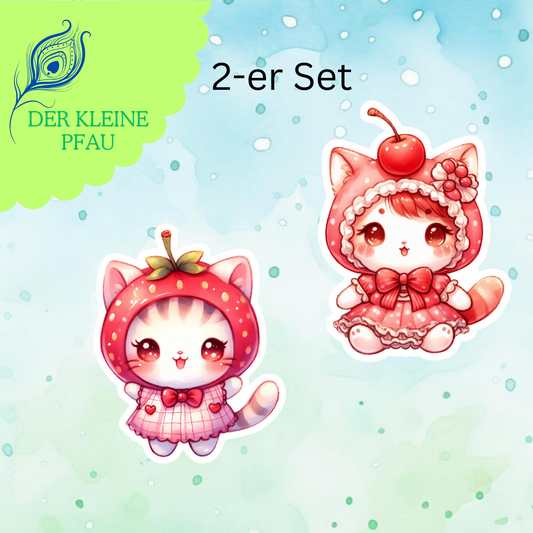 Stickers - Chibi Katzen verkleidet als Essen - Set 2 - Cottagecore Erdbeere und Kirsche