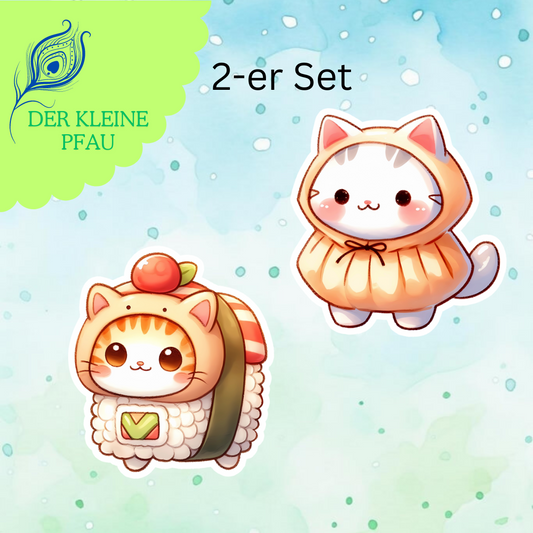 Stickers - Chibi Katzen verkleidet als Essen - Set 4 - Sushi und Dumpling