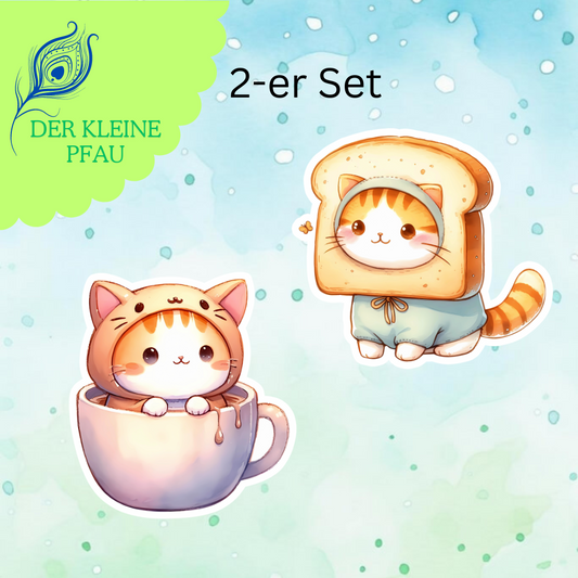 Stickers - Chibi Katzen verkleidet als Essen - Set 5 - Kaffee und Toast