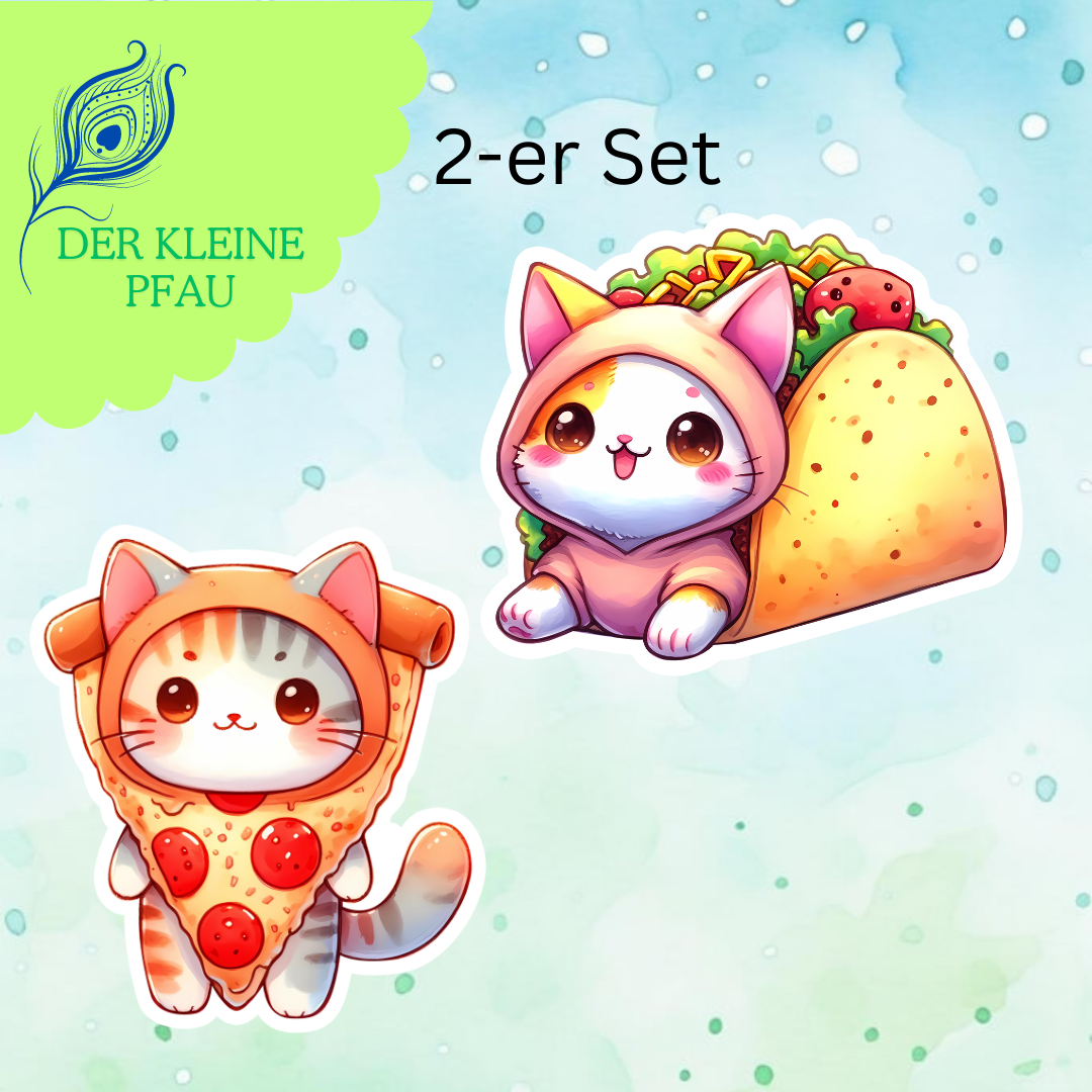 Stickers - Chibi Katzen verkleidet als Essen - Set 7 - Taco und Pizza