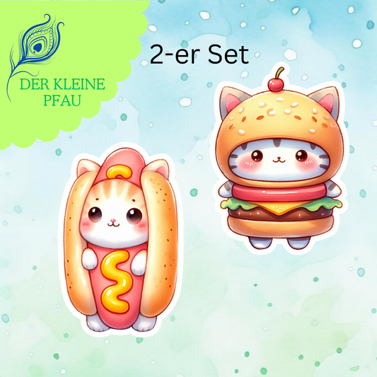 Stickers - Chibi Katzen verkleidet als Essen - Set 6 - Hotdog und Burger